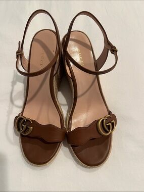 Gucci Brown Leather Wedge Sandals with Gold Double-G